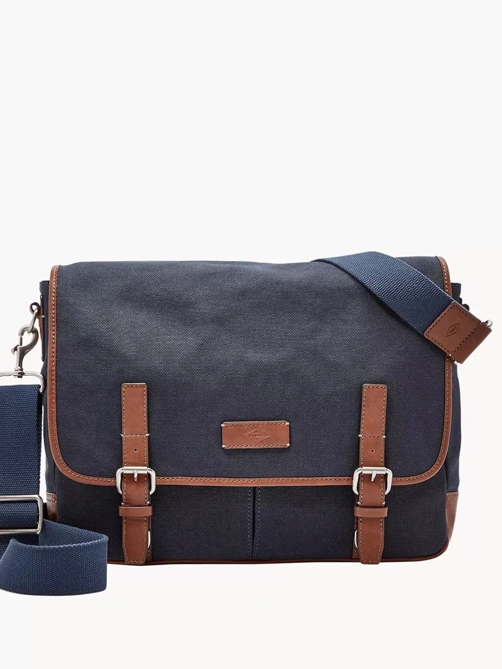 Fossil Graham Blue Gray Canvas Messenger Bag with Brown Leather Trim
